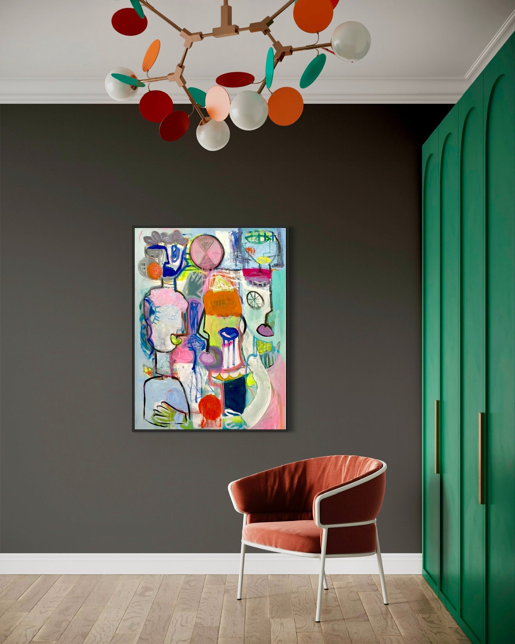 A colorful abstract painting hangs on the wall in a contemporary sitting room.