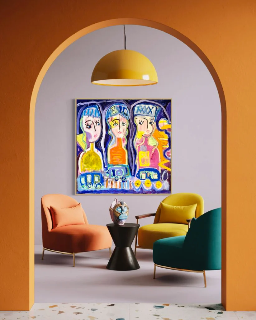 A colorful abstract figure painting hangs in an bright contemporary sitting room.