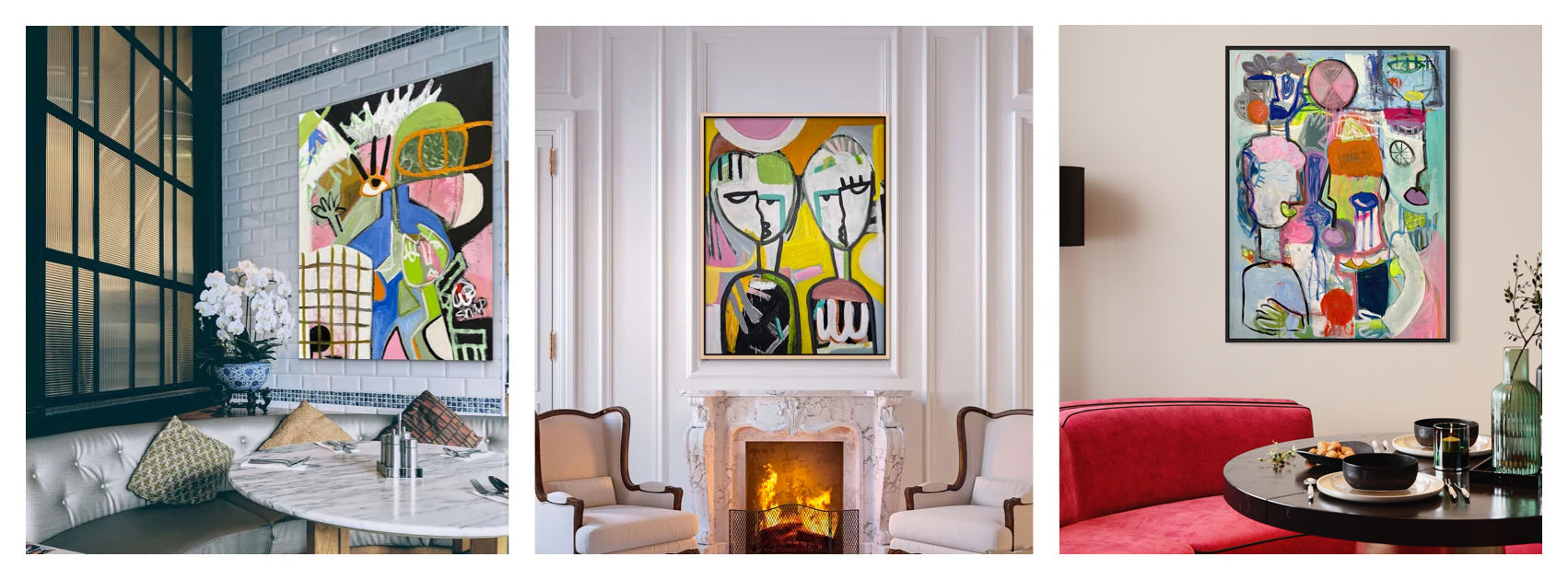 Three different scenes of three different abstract paintings hung in three different contemporary homes.
