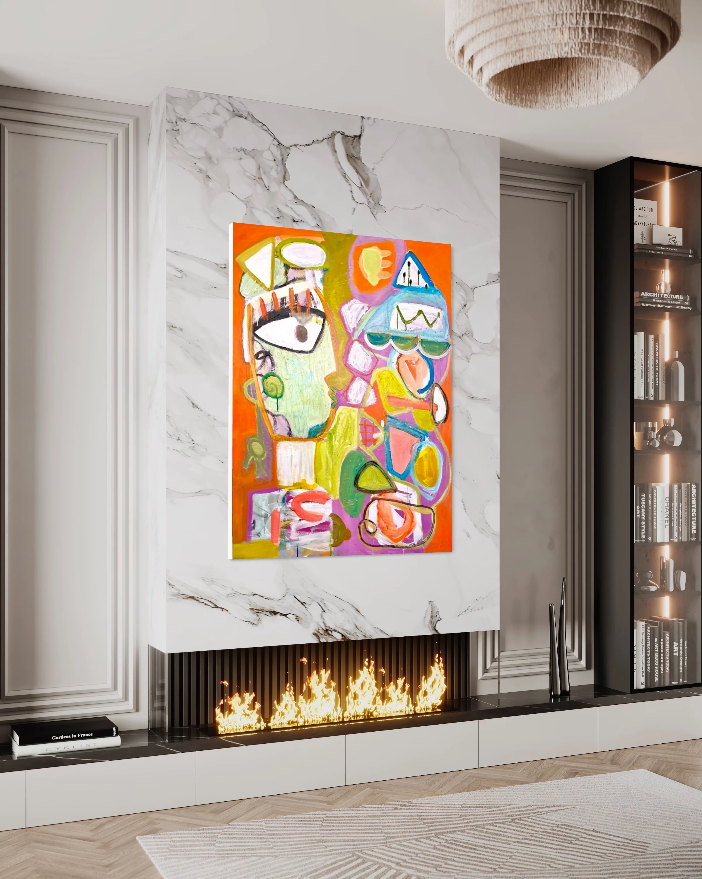 A colorful orange abstract portrait painting hangs above a modern fireplace.