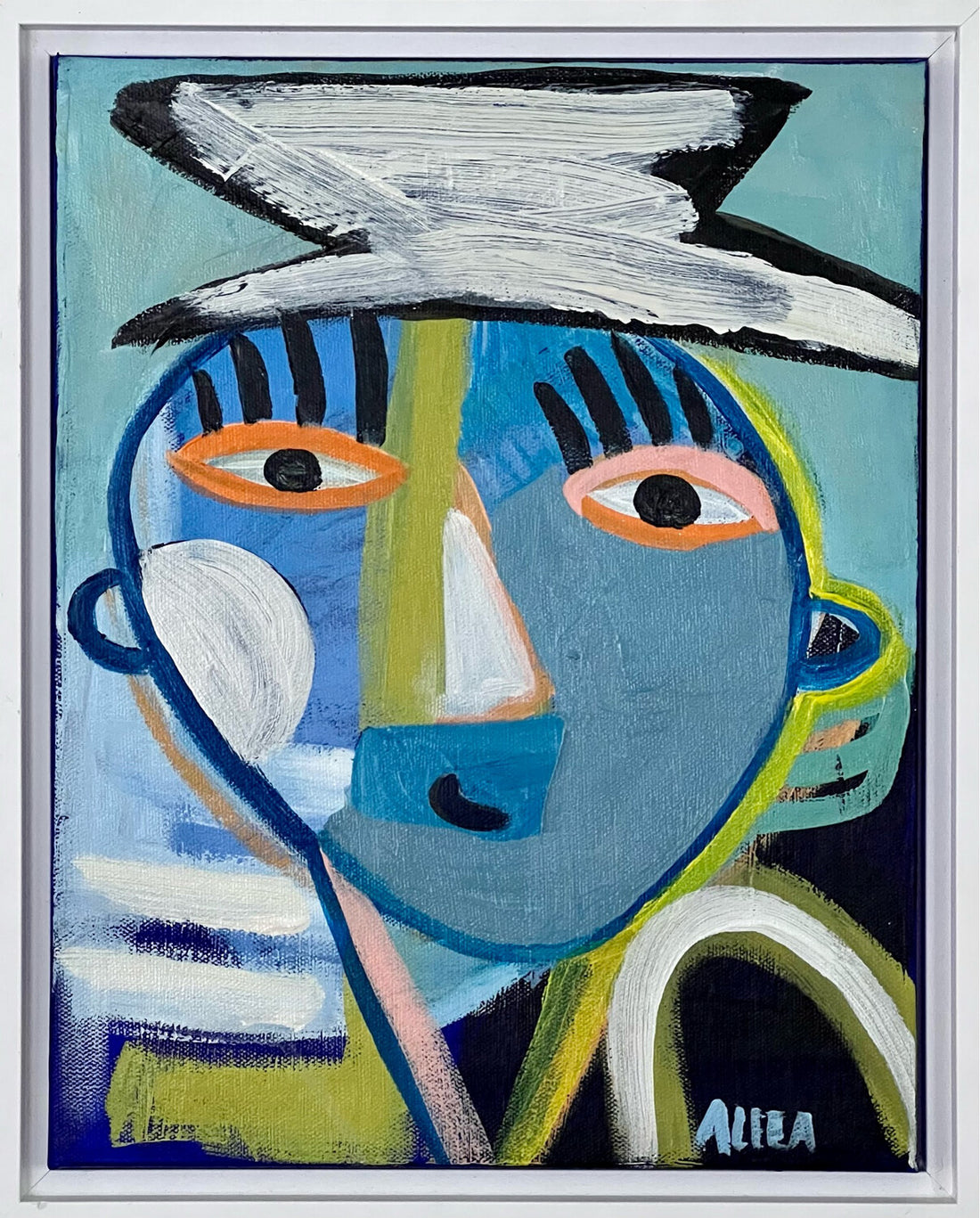 Abstract portrait painting of a man with a blue face wearing a hat.